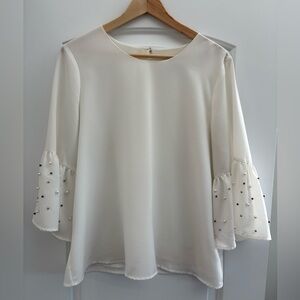 Elegant Calvin Klein Cream Bell Sleeve Blouse with Pearl Accents